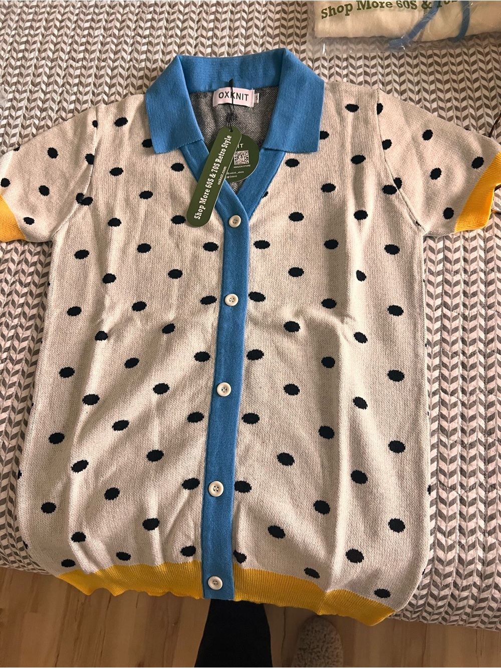 OXKNIT womens Button-Front Polka Dot Shirt — White with Blue & Yellow